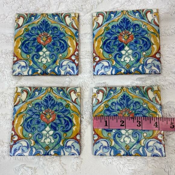 HANDMADE Cork Coaster Set of 4 Spanish Tile Style Vibrant Hacienda Tuscan Casita - Picture 5 of 6